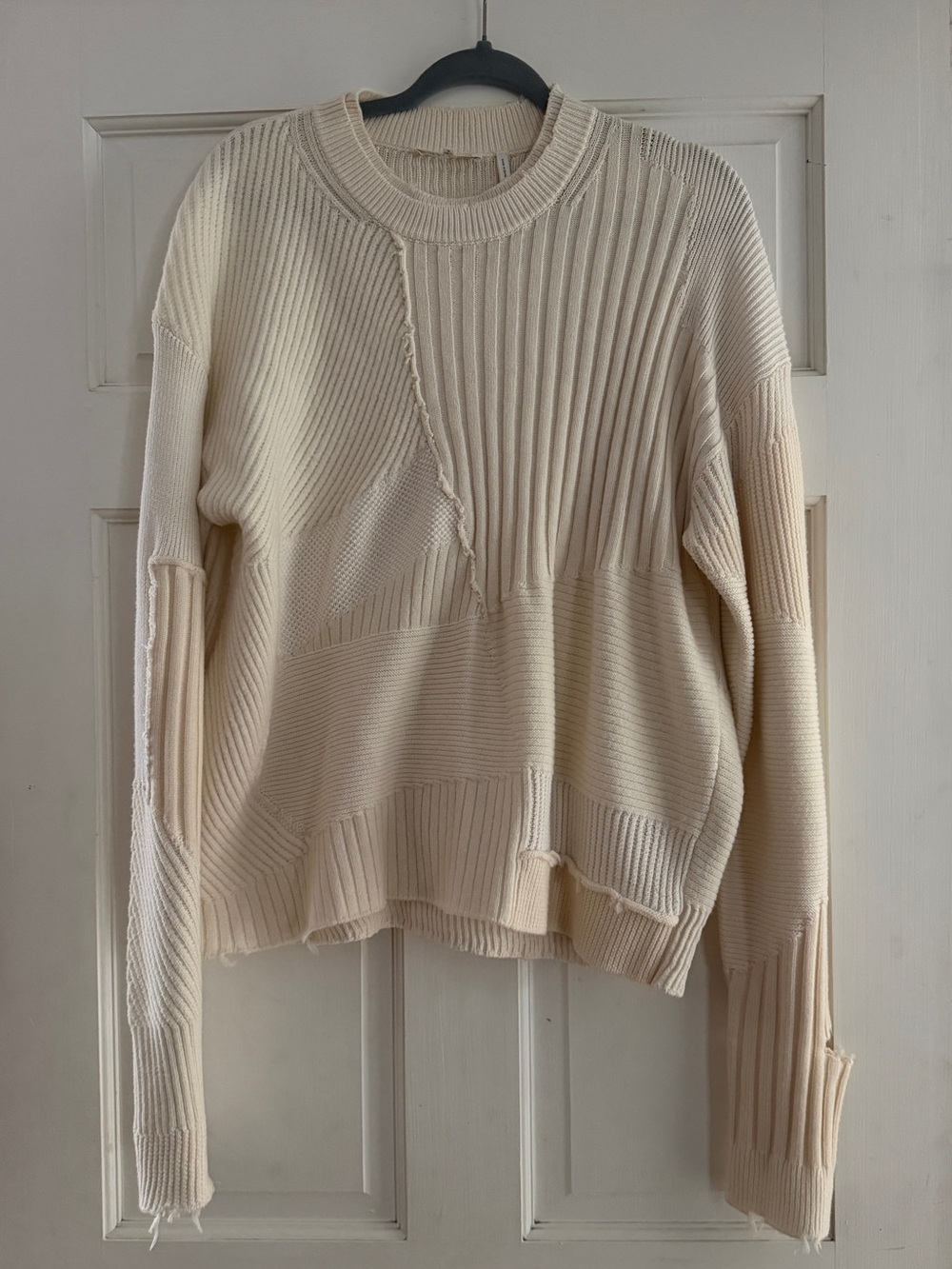 Helmut Lang Military Grunge Sweater L Ivory Patchwork Wool Cashmere Distressed - Picture 3 of 13